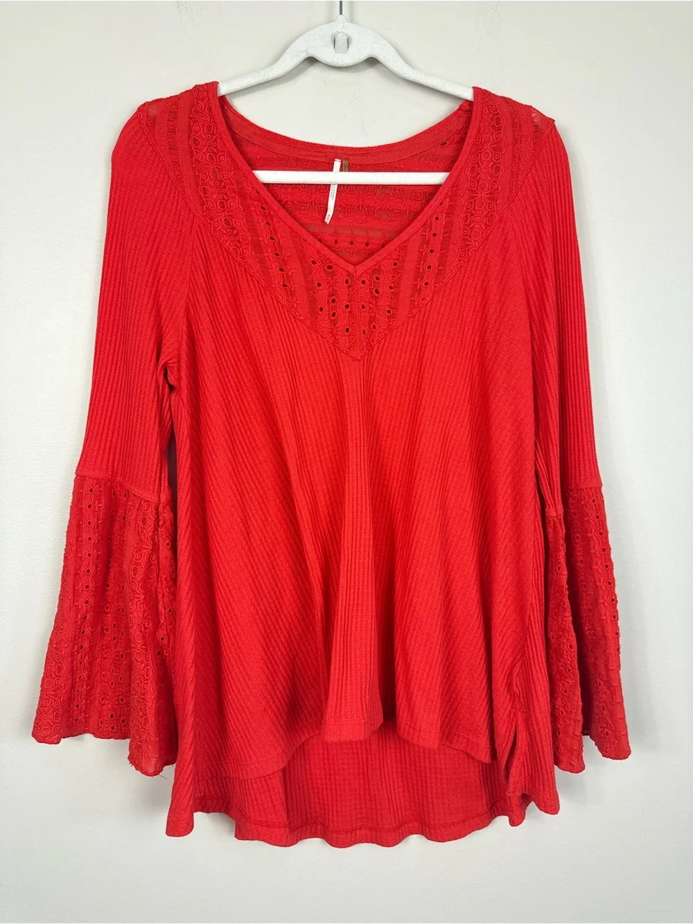 Free People Parisian Nights Top Medium Red Eyelet Lace Bell Sleeve Boho Hippie